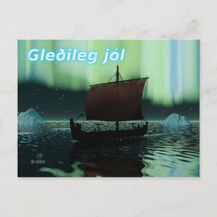 Gleðileg Jól - Viking Ship and Northern Lights Briefkaart