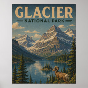 Gletsjer Nationaal Park Vintage WPA stijl bergmeer Poster