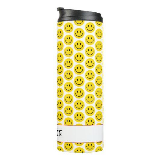 Glimlach Happy Face NAAM Geel Zwart Rood Retro Fun Thermosbeker (Geroteerd rechts)