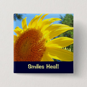 Glimlachen genezen! knoppen Gele Zonnebloemen Gene Vierkante Button 5,1 Cm
