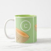 glimlachen van kantaloupe Monogram Melon Food Tweekleurige Koffiemok (Links)