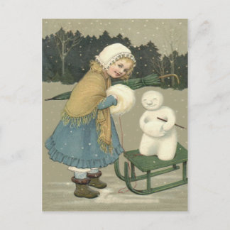 Glimlachend Meisje Sneeuwpop Arrenslee Sneeuw Bos Briefkaart