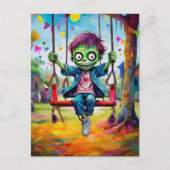 Glimlachend Zombie Kind op Schommel met Feestvlagg Briefkaart (Voorkant)