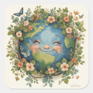Glimlachende aarde-cliparts – Gelukkige planeet me Vierkante Sticker