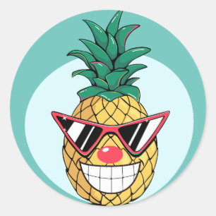 Glimlachende ananas met zonnebril en clownsneus ronde sticker