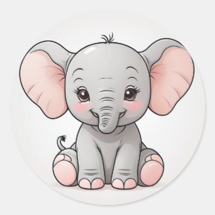 Glimlachende Baby Olifant met Blush Cheeks, kawaii Ronde Sticker