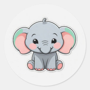 Glimlachende Baby Olifant met Blush Cheeks, kawaii Ronde Sticker