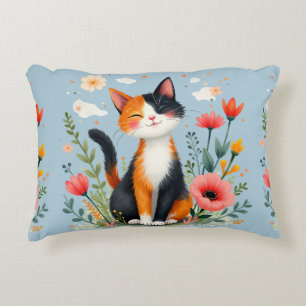 Glimlachende Calico Kat in Bloeiende Tuin Accent Kussen