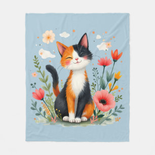 Glimlachende Calico Kat in Bloeiende Tuin Fleece Deken
