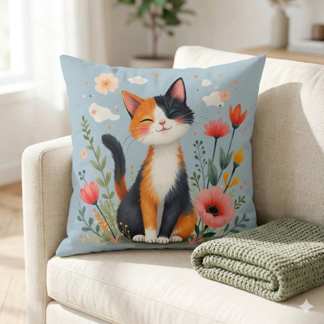 Glimlachende Calico Kat in Bloeiende Tuin Kussen (Smiling Calico Cat in Blooming Garden Throw Pillow Mockup A)
