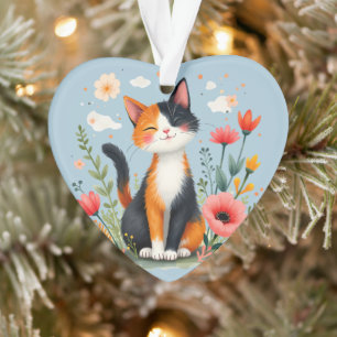 Glimlachende Calico-kat in bloeiende tuin Ornament