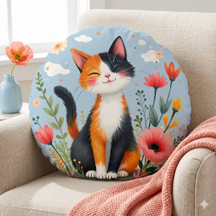 Glimlachende Calico Kat in Bloeiende Tuin Rond Kussen