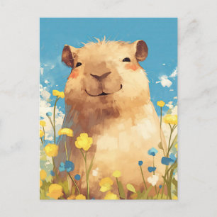 Glimlachende Capybara in Zonnige Gele Bloementuin Briefkaart