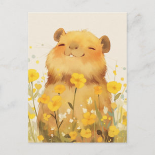 Glimlachende Capybara in Zonnige Gele Wildebloemen Briefkaart