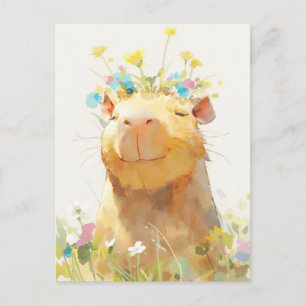 Glimlachende Capybara met Wilde Bloemenkrans Tuin Briefkaart