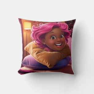 Glimlachende Cartoon Meisje 3D Kussen: Roze Haar Kussen