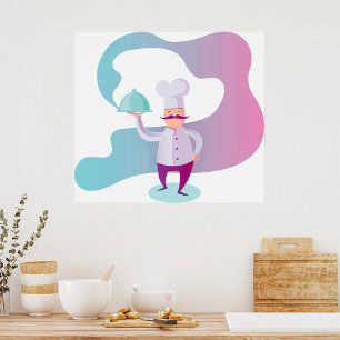 Glimlachende Chef met Snavelhaar en Dienblad Poster