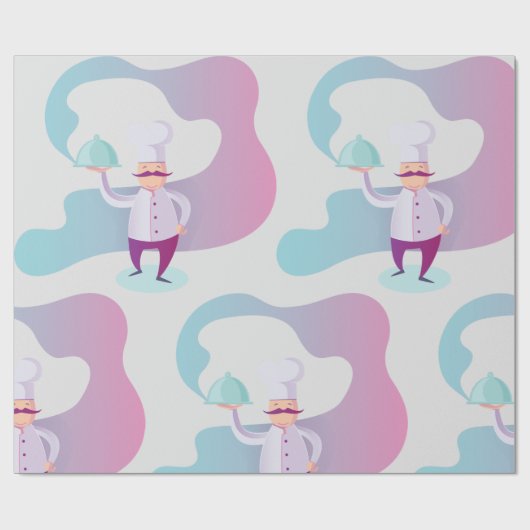 Glimlachende chef met snor en serveerblad cadeaupapier (Vlak)