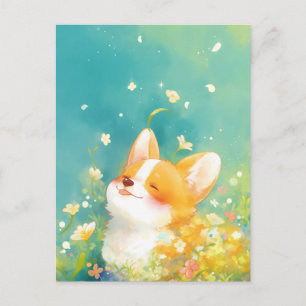 Glimlachende Corgi Puppy in Zonnige Gele Bloemenwe Briefkaart