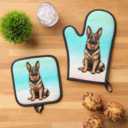 glimlachende duitse herder hond ovenwant & pannenlap set (Top down)