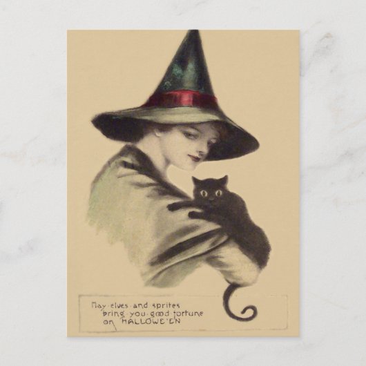 Glimlachende Happy Witch Black Cat Briefkaart (Voorkant)