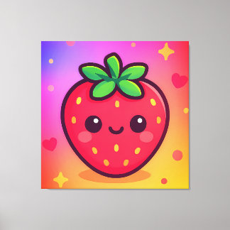 Glimlachende Kawaii-aardbei op pastelgradiënt rug Canvas Afdruk