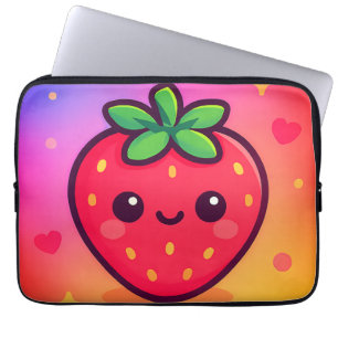 Glimlachende Kawaii-aardbei op pastelgradiënt rug Laptop Sleeve