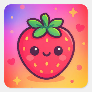 Glimlachende Kawaii-aardbei op pastelgradiënt rug Vierkante Sticker