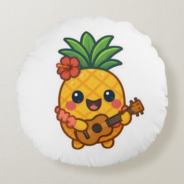 Glimlachende Kawaii Ananas – Tropisch Rond Kussen (Voorkant)
