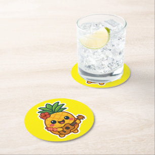 Glimlachende Kawaii Ananas – Tropisch Ronde Kartonnen Onderzetter