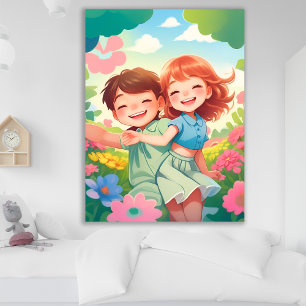 Glimlachende Kinderen in kleurrijke bloementuin Po Poster