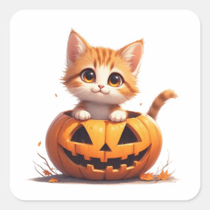 Glimlachende Kitten In Pompoenvlek Halloween 🎃 Vierkante Sticker