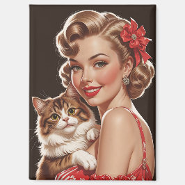 Glimlachende pin-up met kattenportret magneet