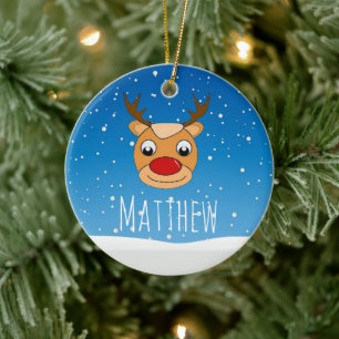 Glimlachende rendieren sneeuwval gepersonaliseerd keramisch ornament
