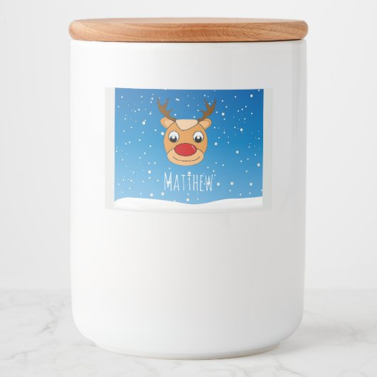 Glimlachende rendieren sneeuwval gepersonaliseerd  voedselcontainer etiket (Voorkant)