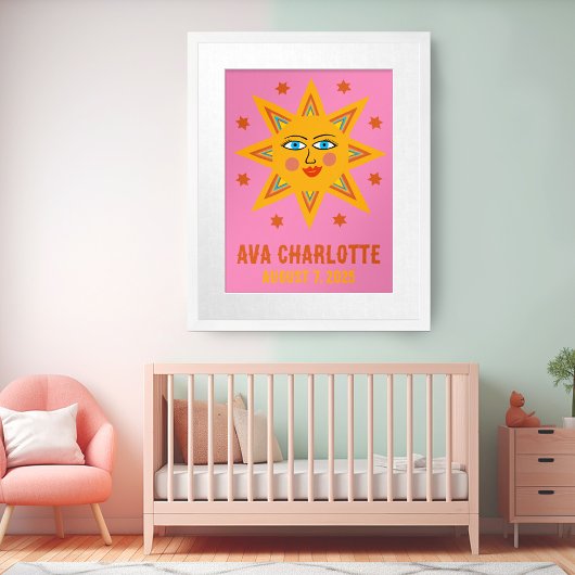 Glimlachende Retro Sun CUSTOM BABY NAAM GEBOORTEDA Poster