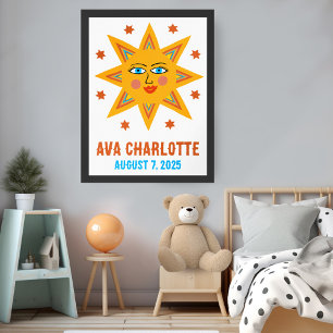 Glimlachende Retro Sun CUSTOM BABY NAAM GEBOORTEDA Poster