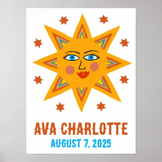 Glimlachende Retro Sun CUSTOM BABY NAAM GEBOORTEDA Poster (Voorkant)