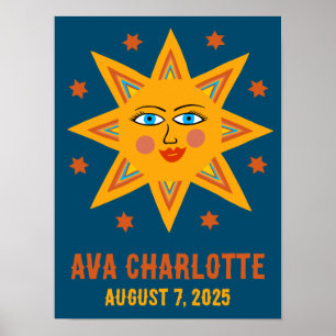 Glimlachende Retro Sun CUSTOM BABY NAAM GEBOORTEDA Poster