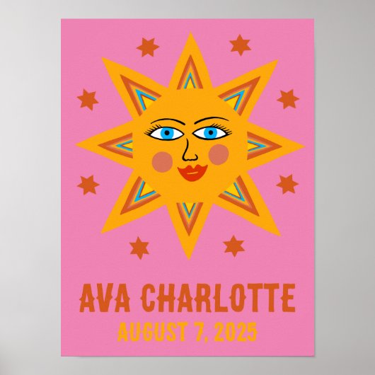Glimlachende Retro Sun CUSTOM BABY NAAM GEBOORTEDA Poster (Voorkant)