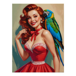 Glimlachende roodharige pin-up en papegaai perfect poster