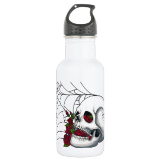glimlachende schedel met rode rozen en spiderweb waterfles