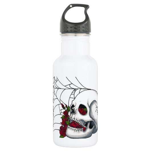 glimlachende schedel met rode rozen en spiderweb waterfles (Voorkant)