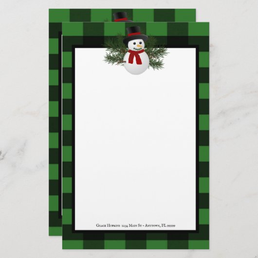 Glimlachende sneeuwman Buffalo Plaid gepersonalise Briefpapier (Voorkant / Achterkant)