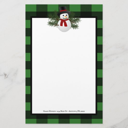 Glimlachende sneeuwman Buffalo Plaid gepersonalise Briefpapier (Voorkant)