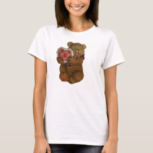 Glimlachende teddybeer met gestikt hartkussen t-shirt