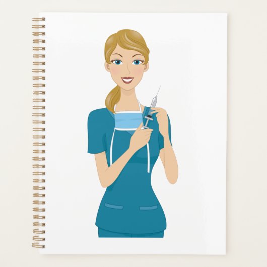 Glimlachende verpleegster met spuit planner (Voorkant)