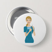 Glimlachende verpleegster met spuit ronde button 7,6 cm (Voorkant /achterkant)