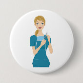 Glimlachende verpleegster met spuit ronde button 7,6 cm (Voorkant)