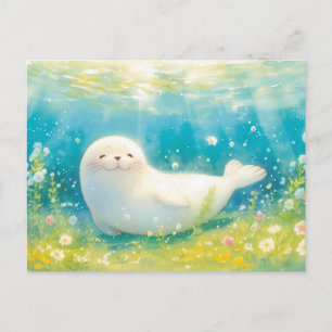 Glimlachende Witte Zeehond in Lichtgevende Oceaan Briefkaart